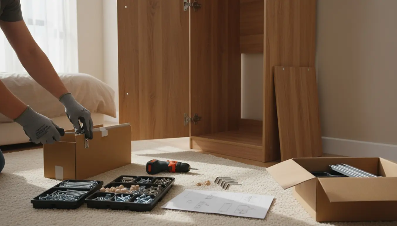 Halvfærdigt garderobeskab i et lyst soveværelse med hænder, værktøj og organiserede skruer på gulvet.