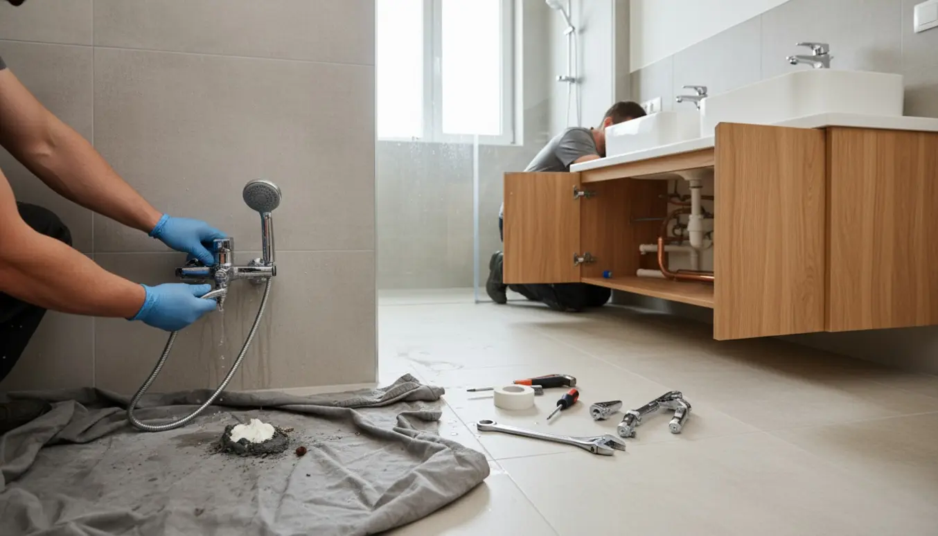 Håndværker fjerner gammel bruser og monterer ny dobbeltvask og badeværelsesmøbel i et moderne badeværelse.