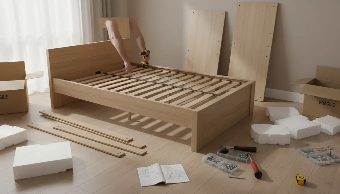 Flatpakket seng, kommode og skab i færd med at blive samlet i et lyst soveværelse med værktøj spredt.