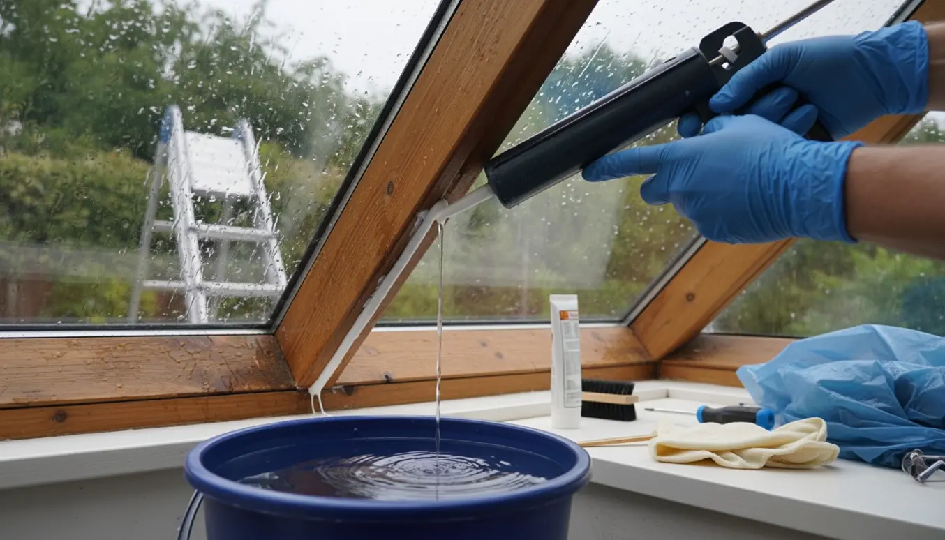 Hænder tætner en utæt samling i udestuens tag, mens en spand fanger dryp.