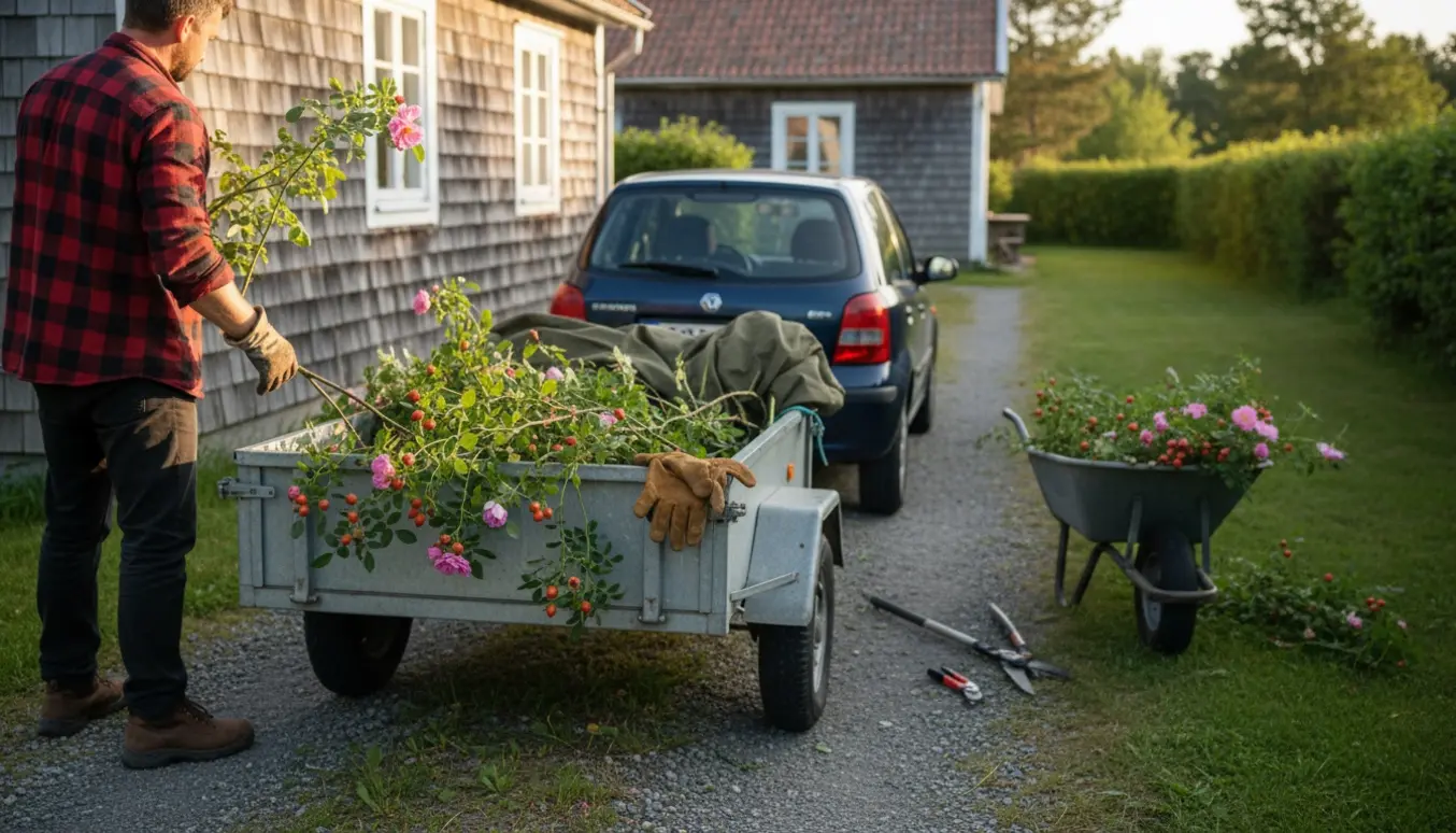 En person læsser haveaffald med hybenroser på en lille havetrailer ved et sommerhus.