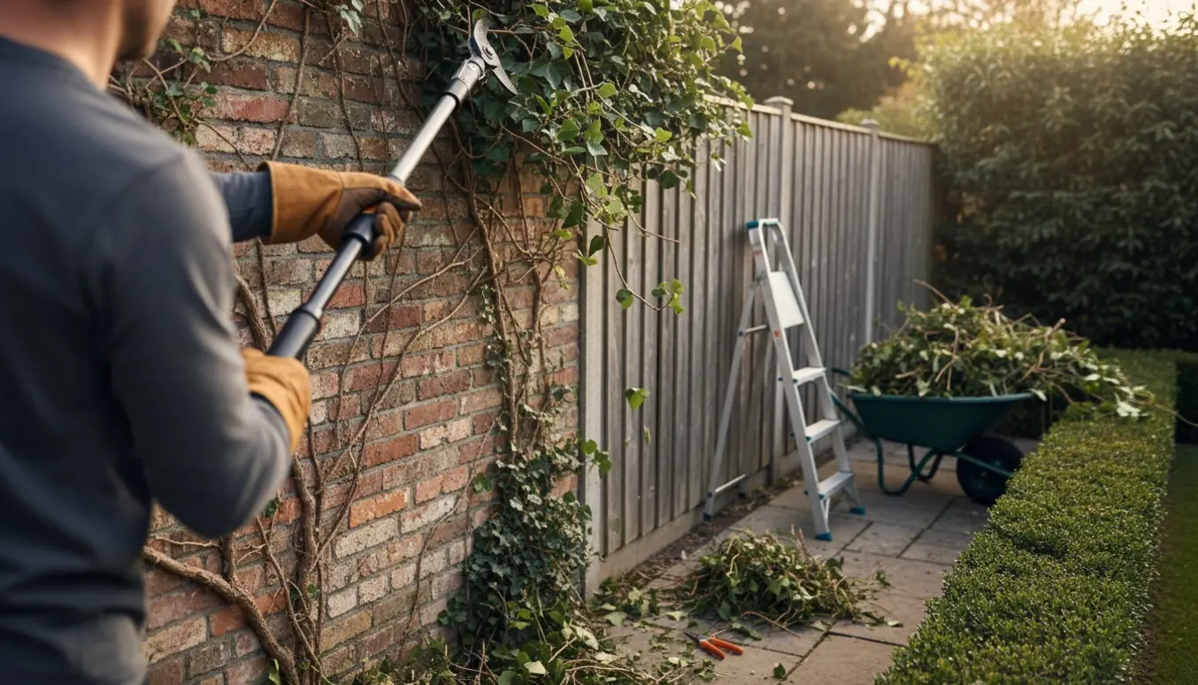 Person i handsker beskærer høje planter langs en mur og et træhegn med afskårne grene samlet i en trillebør.