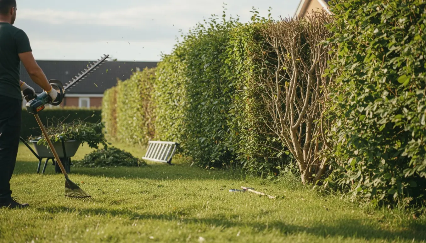 Lang hæk i en solrig have bliver klippet, med højt græs og friske hækafklip omkring.