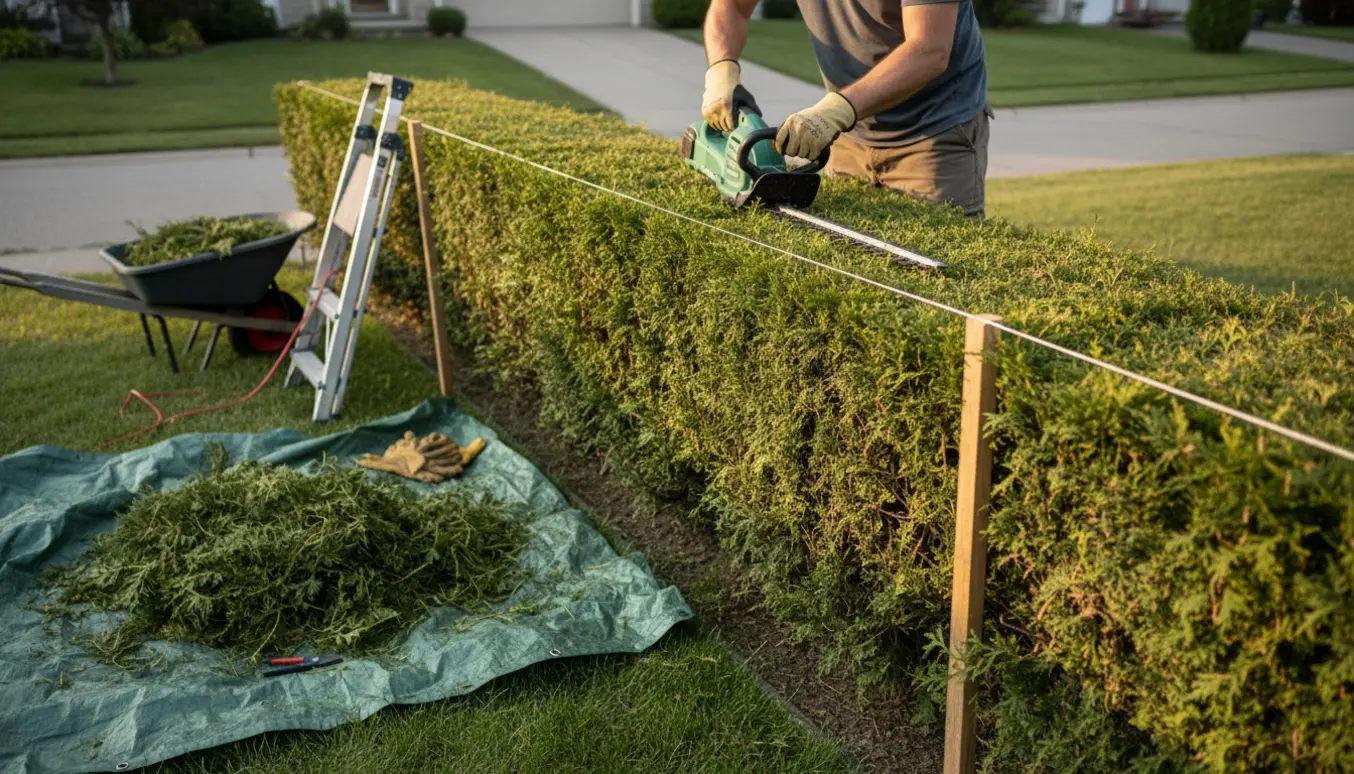 Person klipper en thujahæk med stige, guide-snor og bunker af afklip klar til fjernelse.
