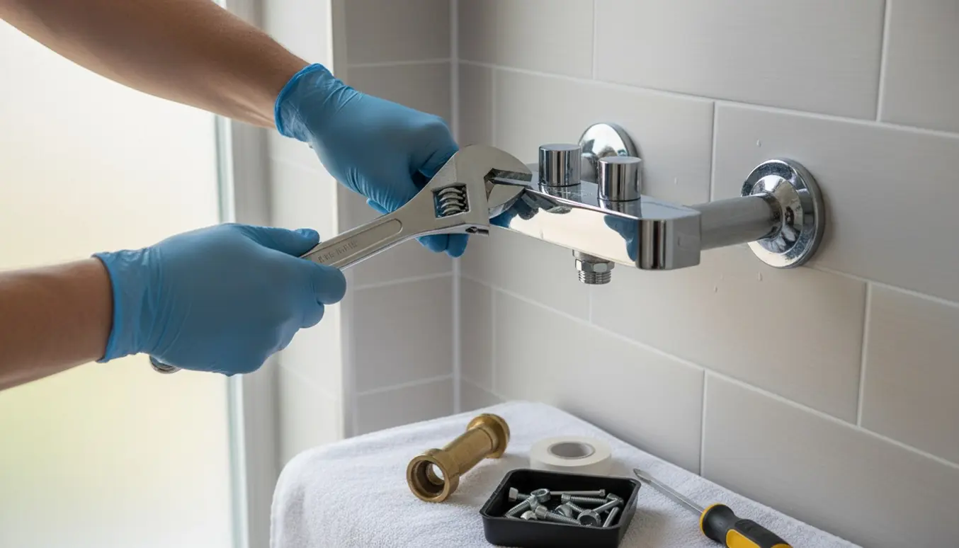 Nærbillede af hænder, der monterer et nyt krom brusearmatur på flisevæggen med værktøj og det gamle armatur lagt til side.