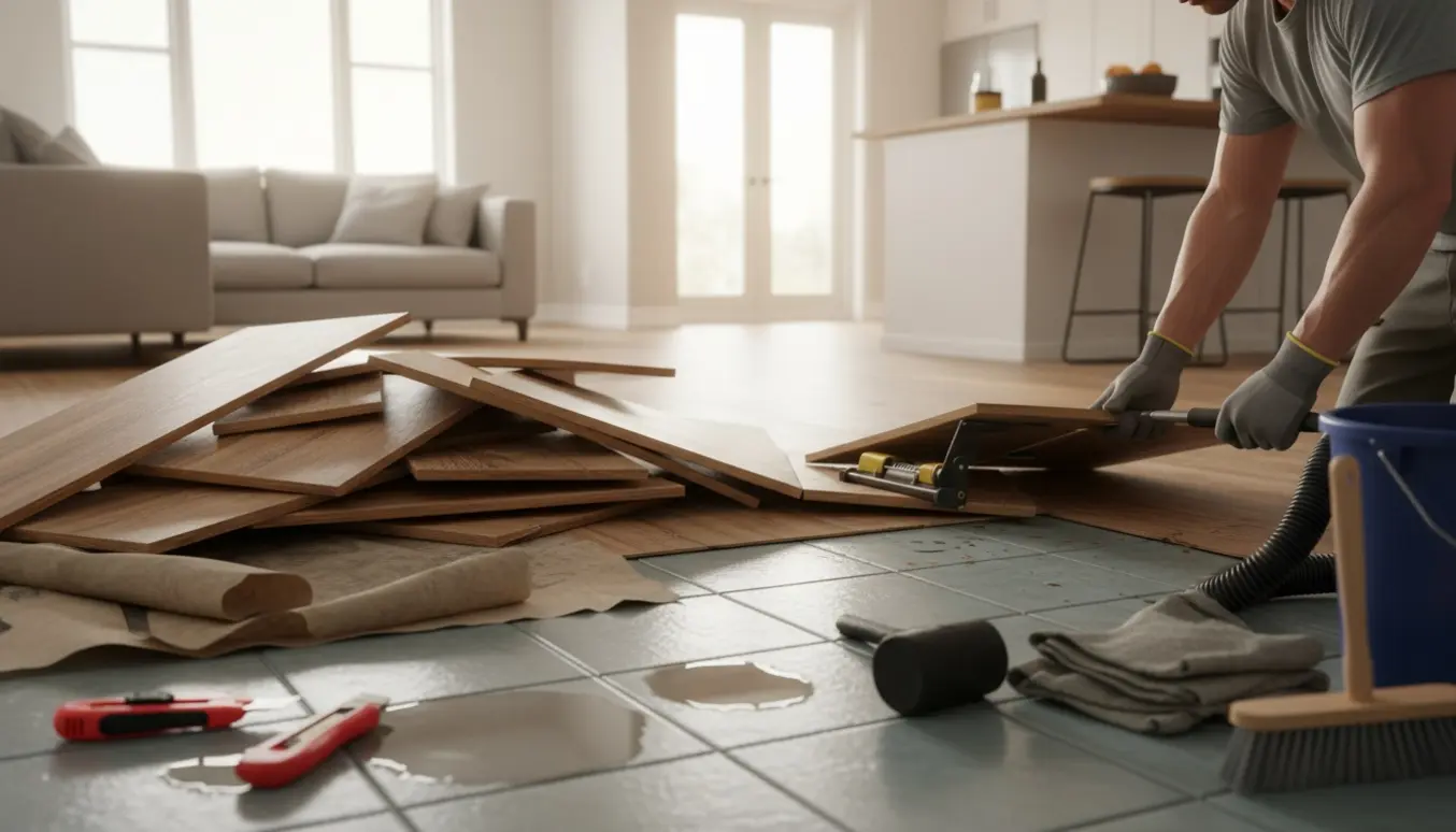 Vandskadet klikgulv bliver fjernet for at blotlægge klinkegulvet nedenunder.