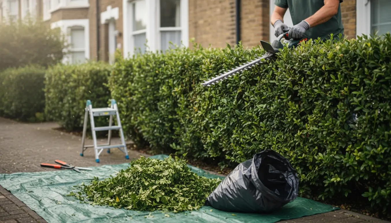 Person klipper ligusterhæk foran et rækkehus, kun hænder og værktøj er tydelige.