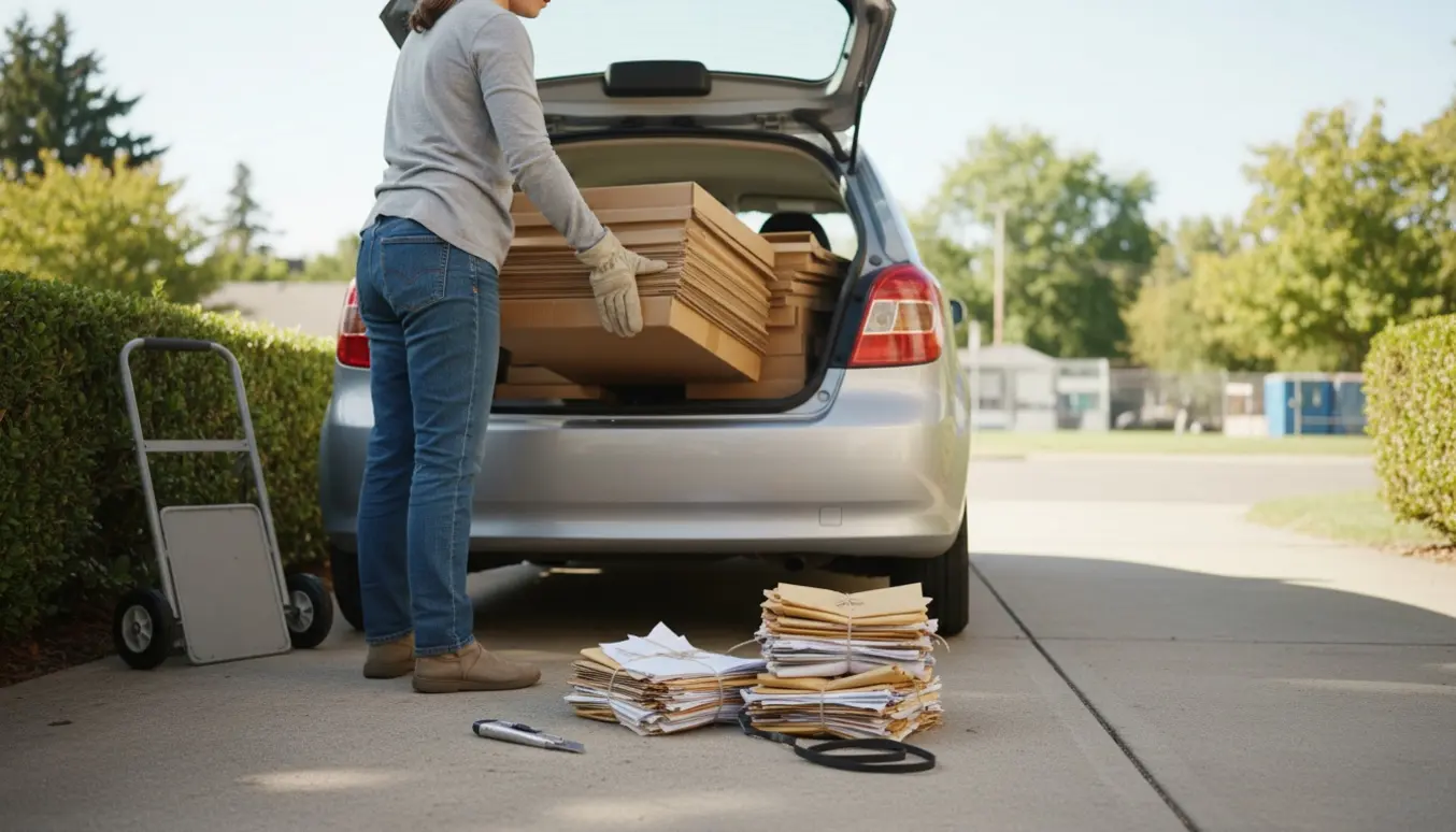 En person læsser sammenfoldet pap og papir ind i bagagerummet på en bil klar til at køre på genbrugspladsen.