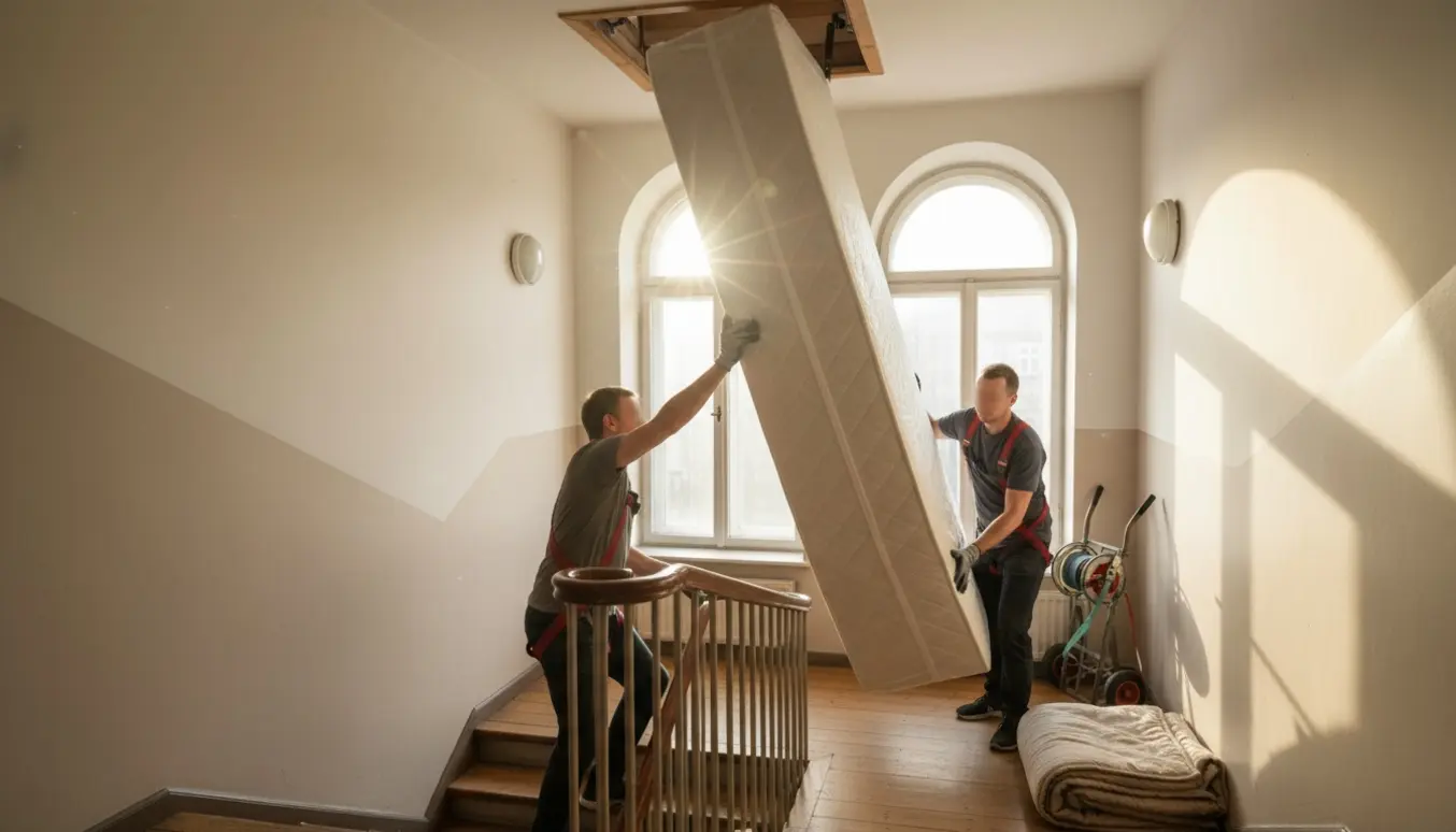 To personer bærer en stor boxmadras op ad en lys opgang mod et åbent loftsrum.