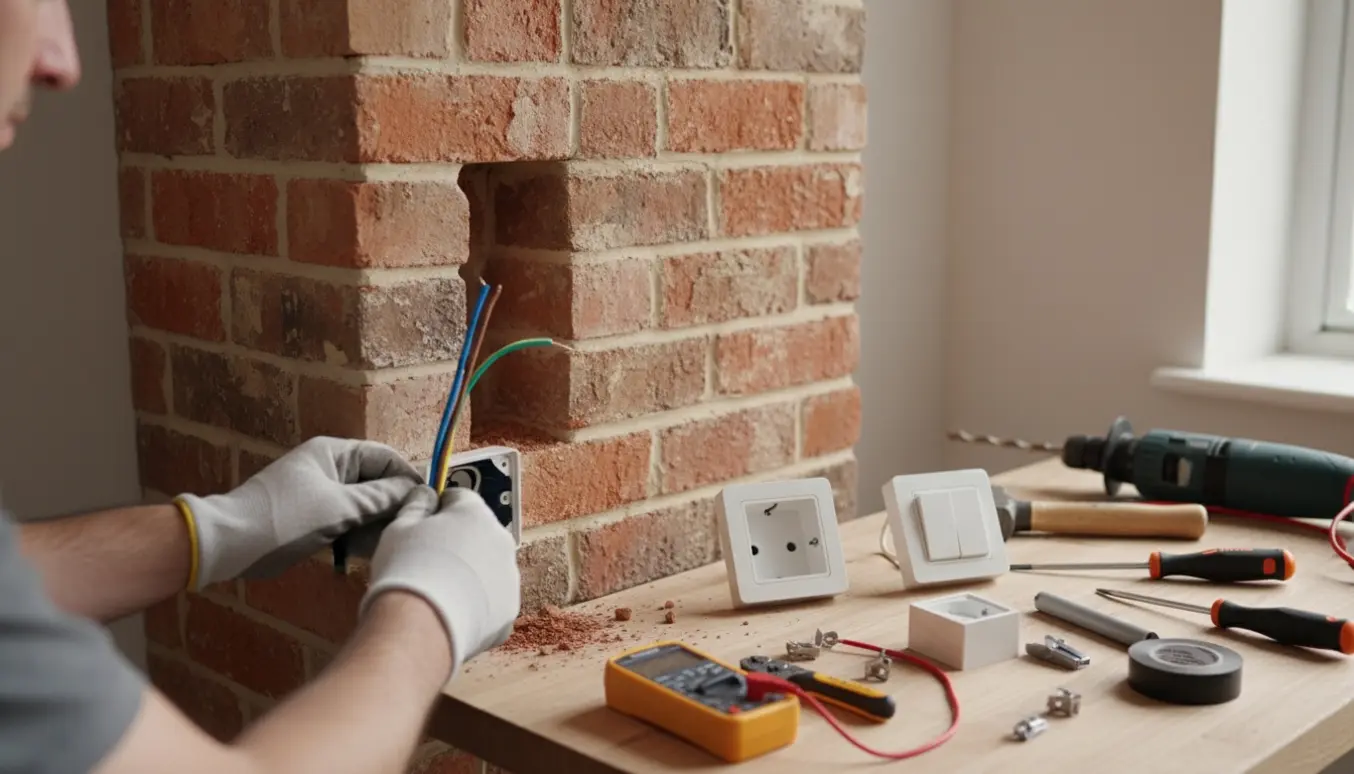 Elektriker trækker en 3-leder ledning ind i en murstensvæg og forbereder installation af en ny stikkontakt og afbryder.