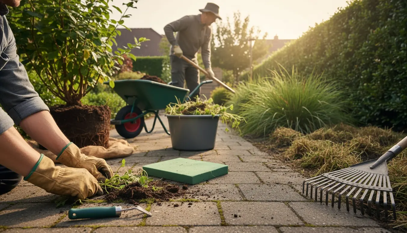 Nærbillede af lugning mellem fliser og opgravning af en bærbusk klar til genplantning i et prydgræsbed.