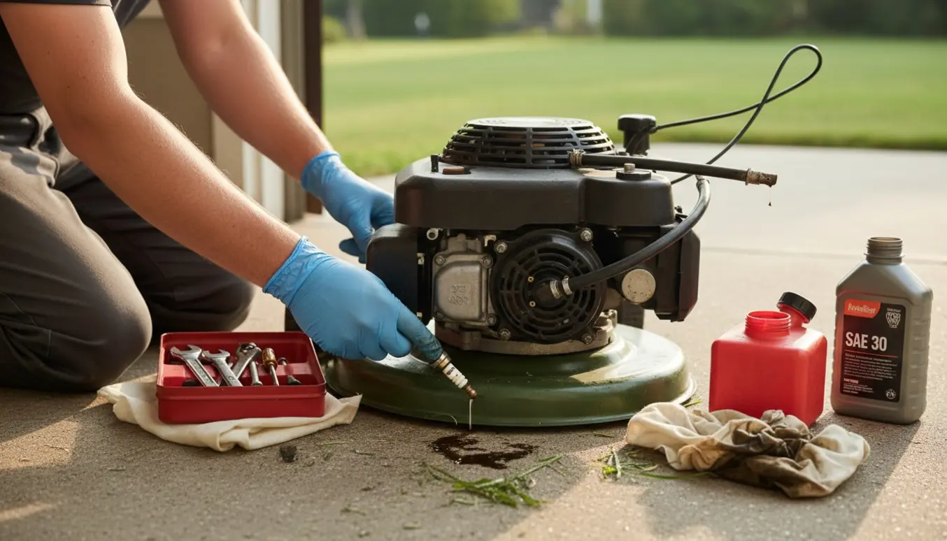 Nærbillede af en plæneklipper med åben motor og handsker på hænder, klar til reparation med benzin- og oliedunke ved siden af.