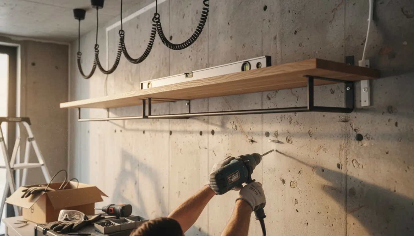 Hænder monterer en træhylde og knagestang på en rå betonvæg med fire loftslamper og hvide kabelkanaler delvist installeret.