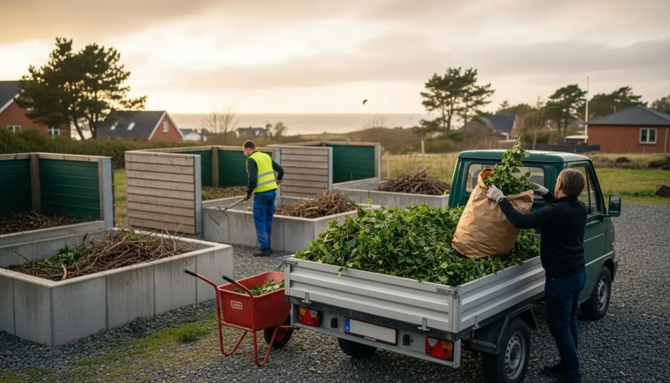 Hækafklip læsses i en åben container på et genbrugscenter i Helsingør.