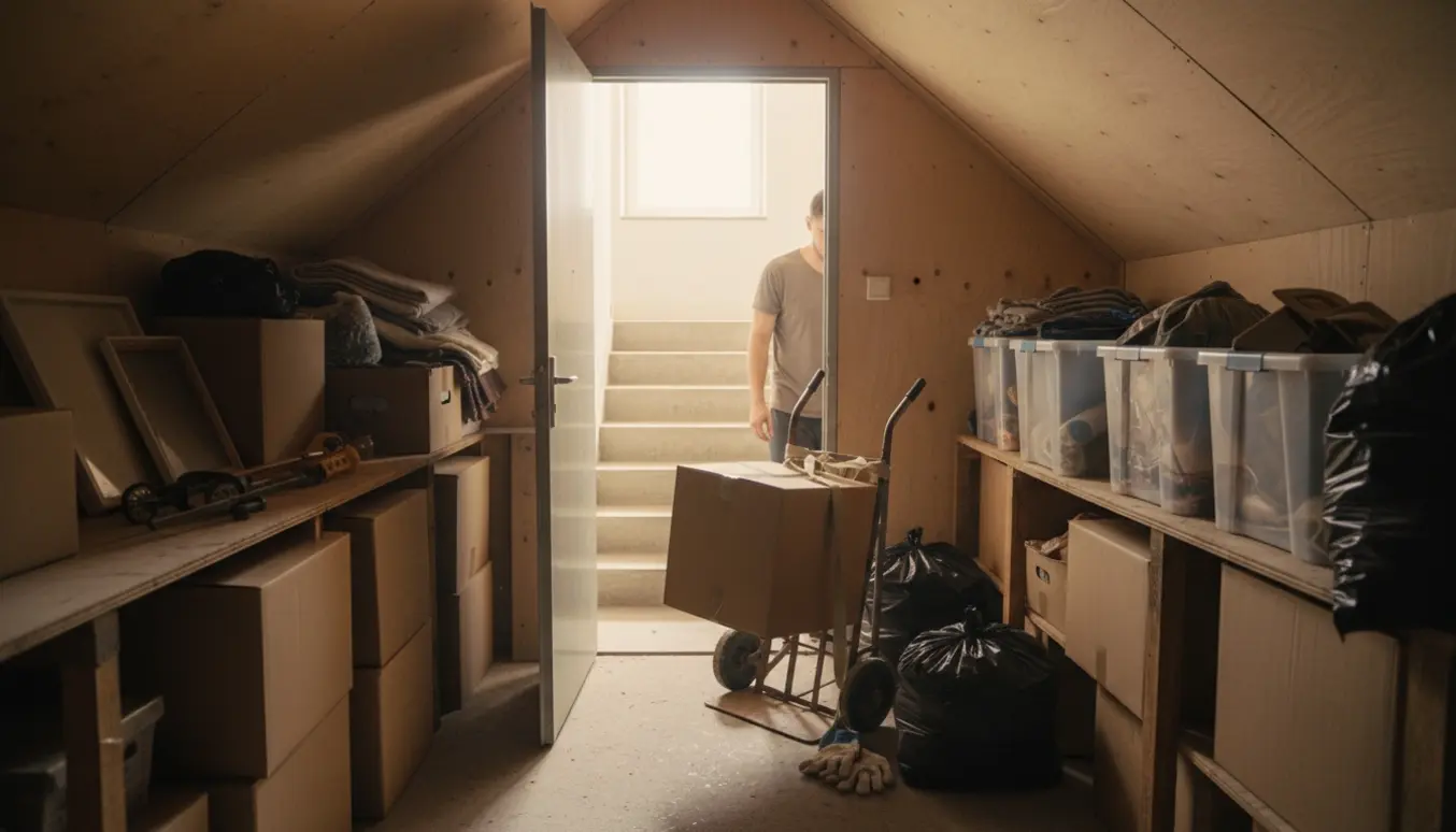 Halvfyldt loftsrum med åbne kasser, sorte bæreposer og en rullevogn klar til at blive båret ned ad trappen.