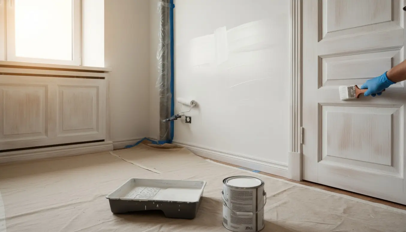 Et lille værelse under opfriskning med hvid maling på vægge, loft, paneler og indpakket gasrør.