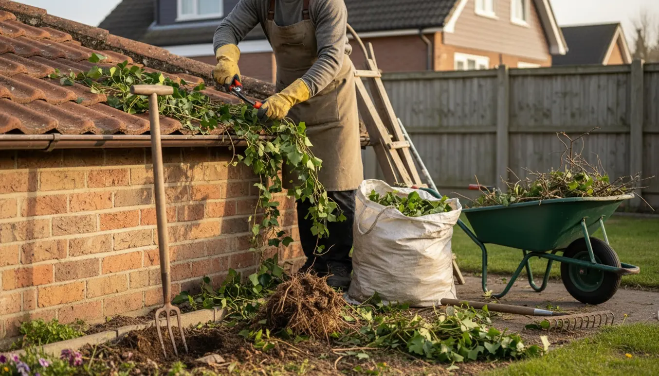 Person fjerner efeu fra carporttag og luger bede med handsker og haveredskaber.