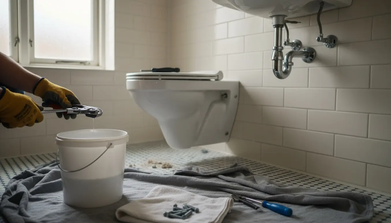 Håndværker fjerner håndvask og toilet i et lille københavner-toilet med værktøj og afdækningsdug.