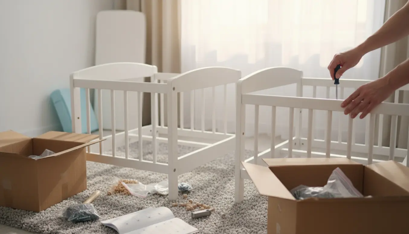 Delvist samlet babyseng og puslebord i et lyst børneværelse med værktøj og åbne papkasser.
