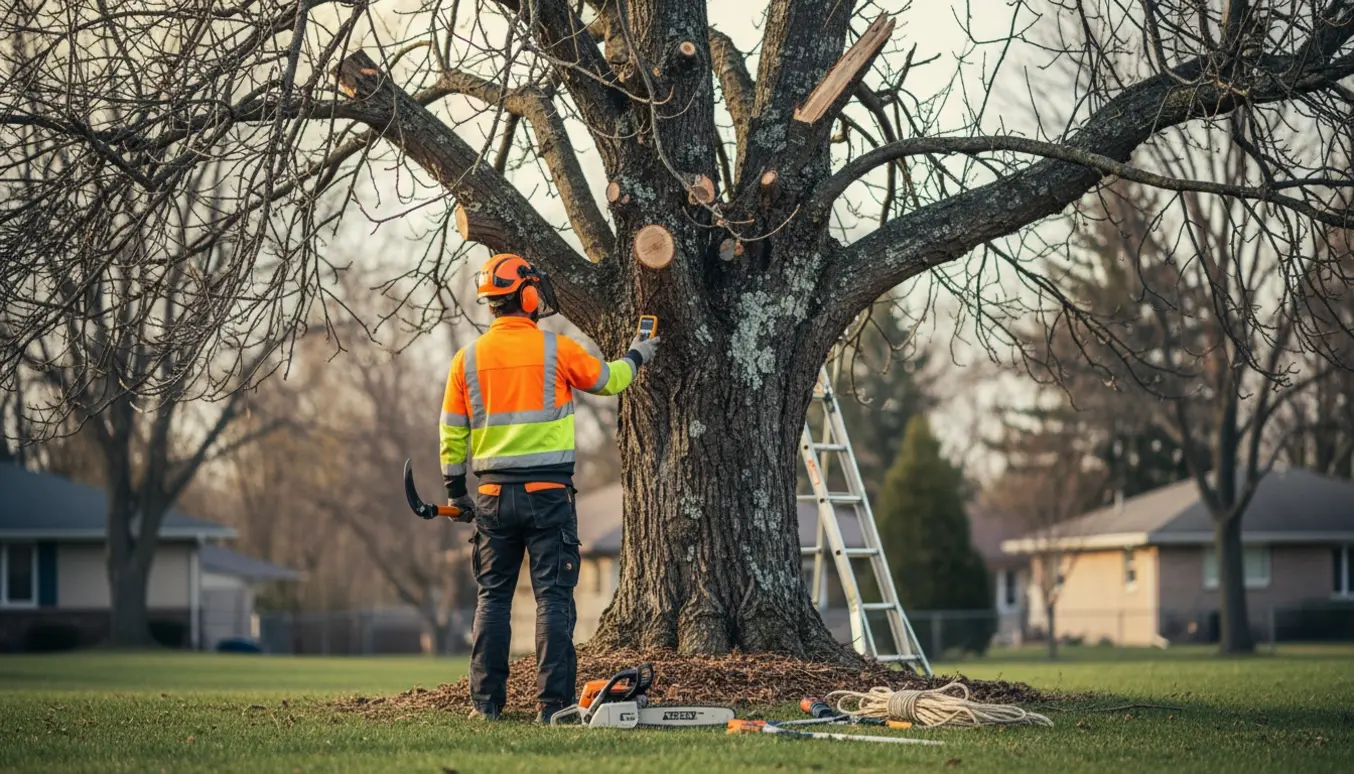Arborist vurderer et dødt træ i en villahave med værktøj og savflis i forgrunden.