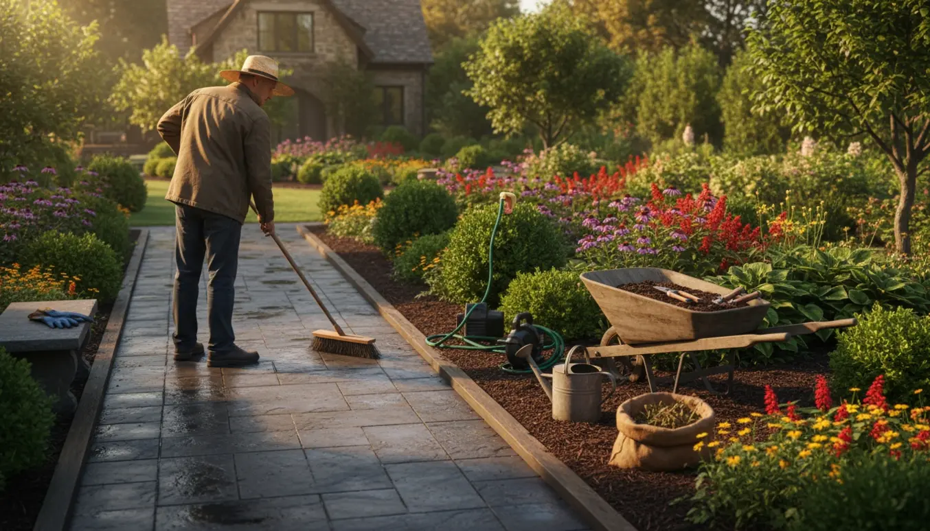 Velholdt have med rene fliser, nyslyngede bede og haveredskaber i varmt dagslys.