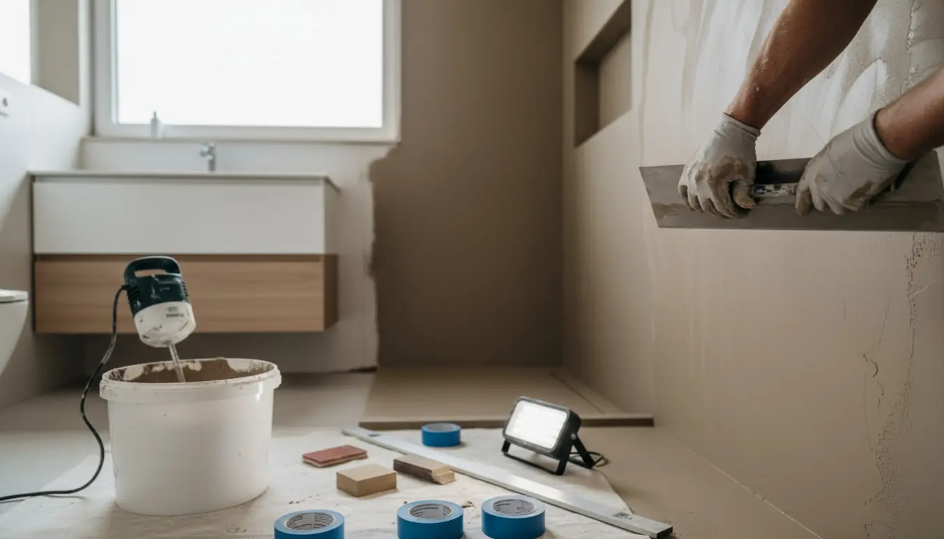 Mellemstort badeværelse under renovering, hvor microcement glattes ud på gulv og vægge med værktøj lagt klar.