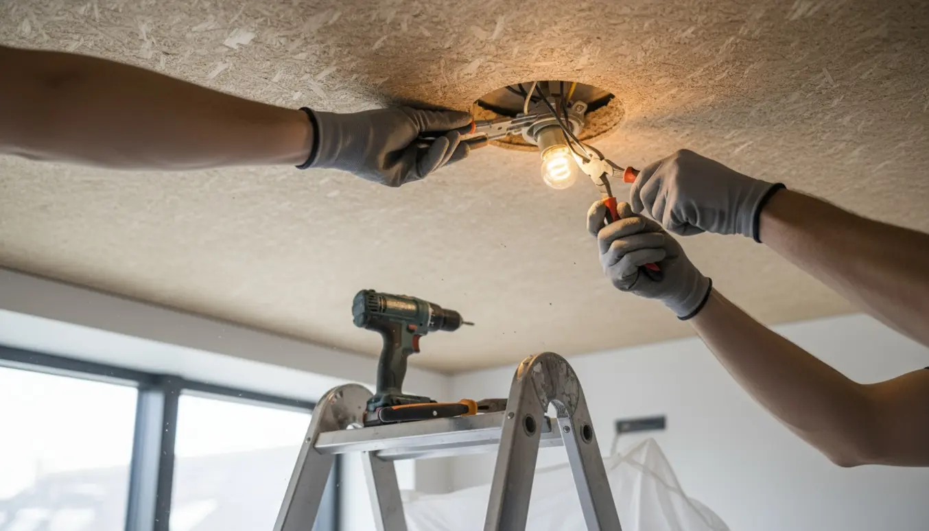 Hænder monterer en lampe i et Troldtekt-loft med synlig træuldstruktur og værktøj.