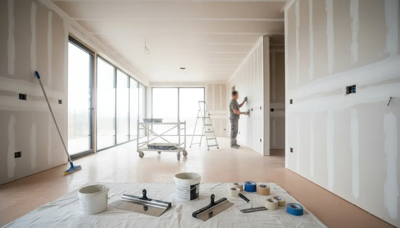 Nybygget rum med fibergipsvægge under fuldspartling og malerredskaber i dagslys.