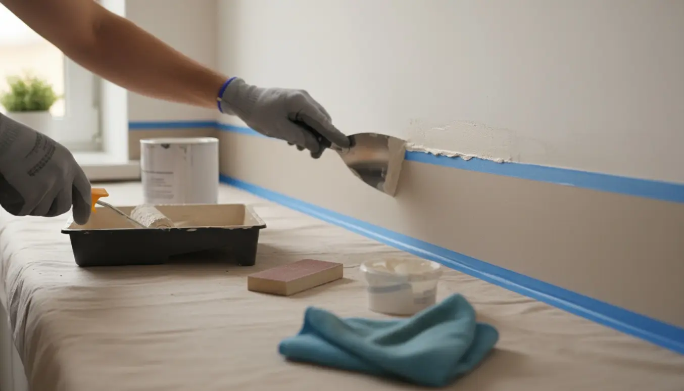 Nærbillede af spartling og maling i en smal strimmel lige over køkkenbordpladen med afdækning og værktøj.