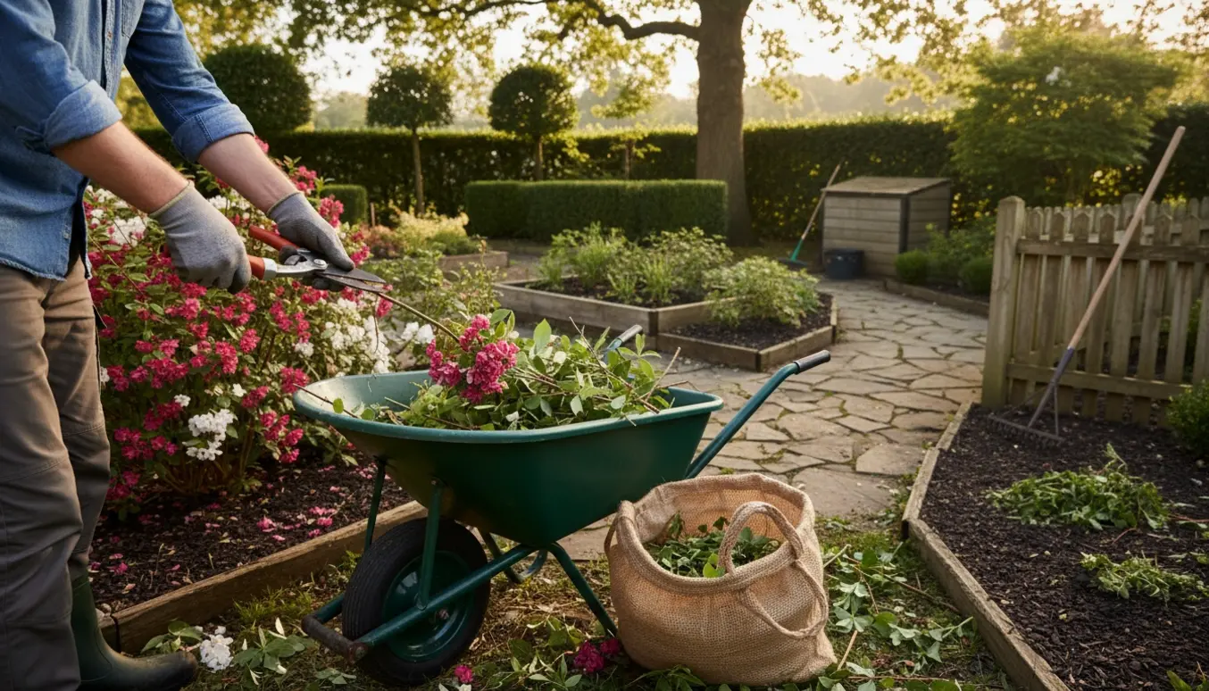 En gartner trimmer buske og lægger haveaffald i en trillebør i en stor, velplejet have.