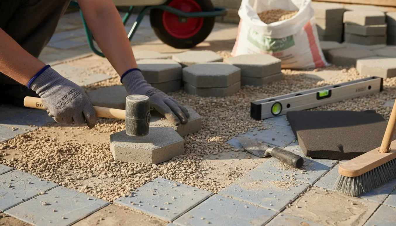 Hænder i handsker lægger sekskantede havefliser på grus ovenpå eksisterende fliser.