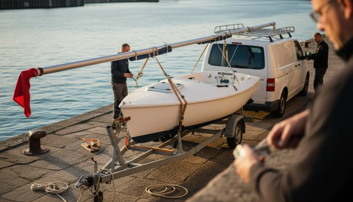 Lille sejlbåd på trailer ved havnekaj med masten lagt ned, to hjælpere sikrer transporten.