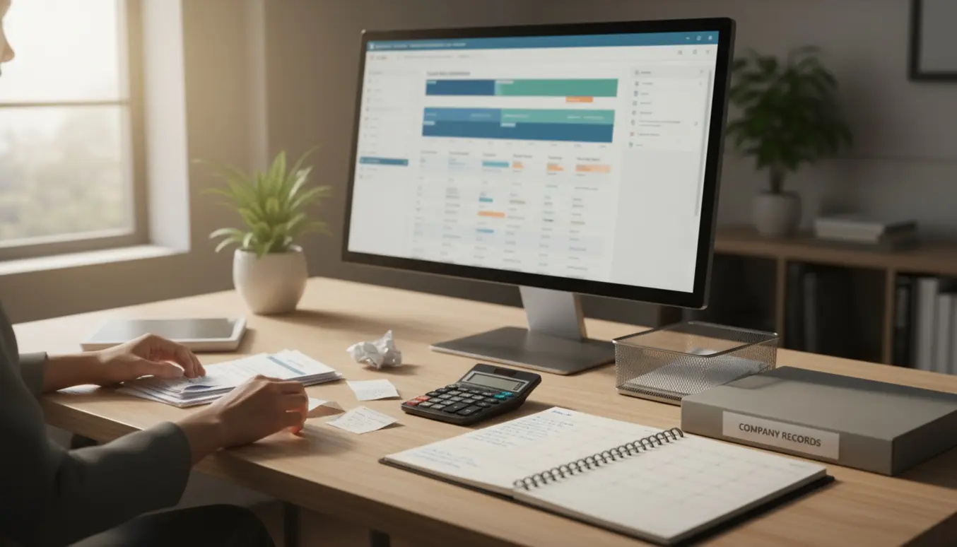 Skærm med sløret bogføringsinterface, hænder sorterer bankbilag og mindre bunker med regnskabspapirer på et ryddeligt skrivebord.