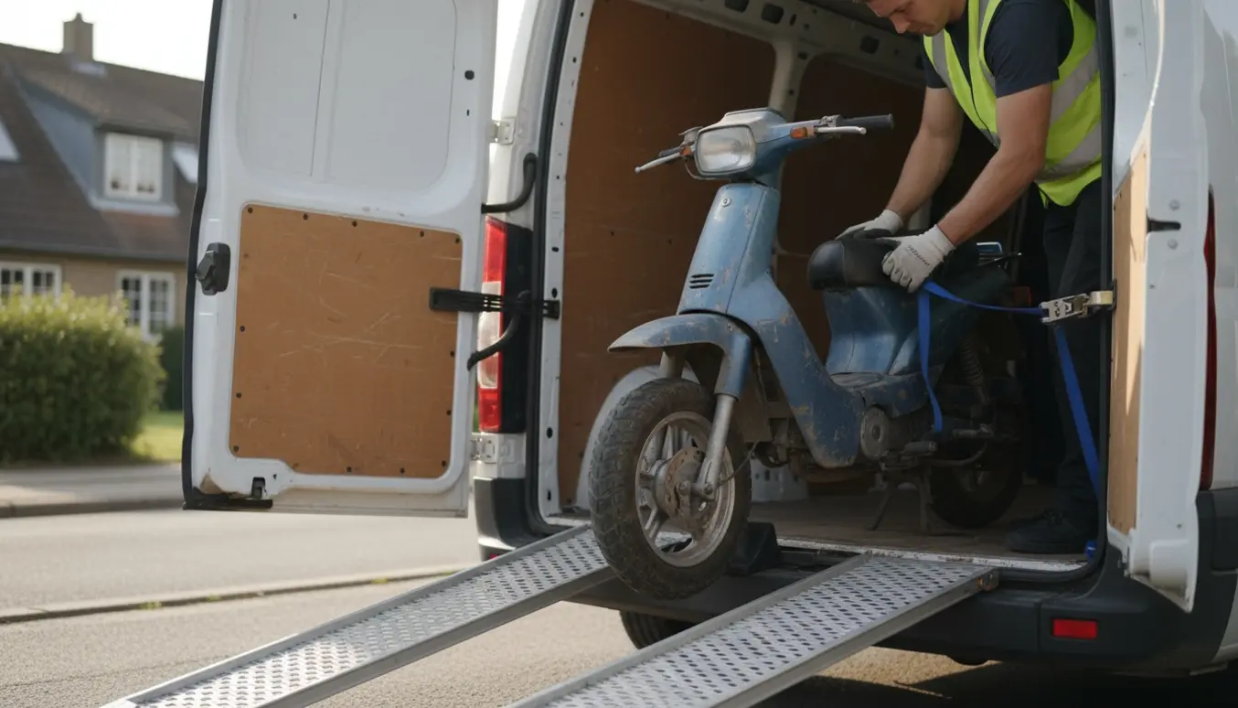 Knallert læsses ind i en hvid varevogn med rampe og stropper på en stille byvej.