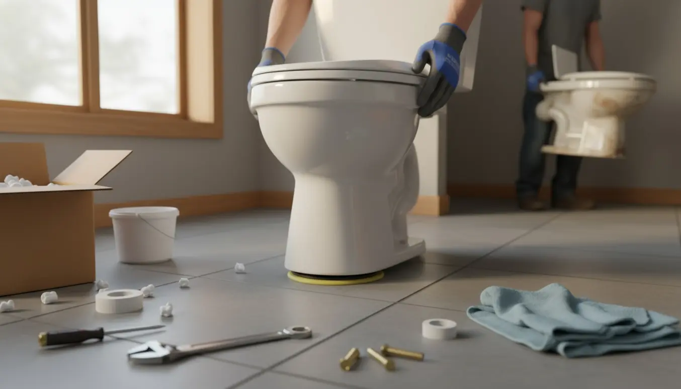 Montørs handsker guider et nyt gulvtoilet på plads i et flisebadeværelse med værktøj og emballage omkring.