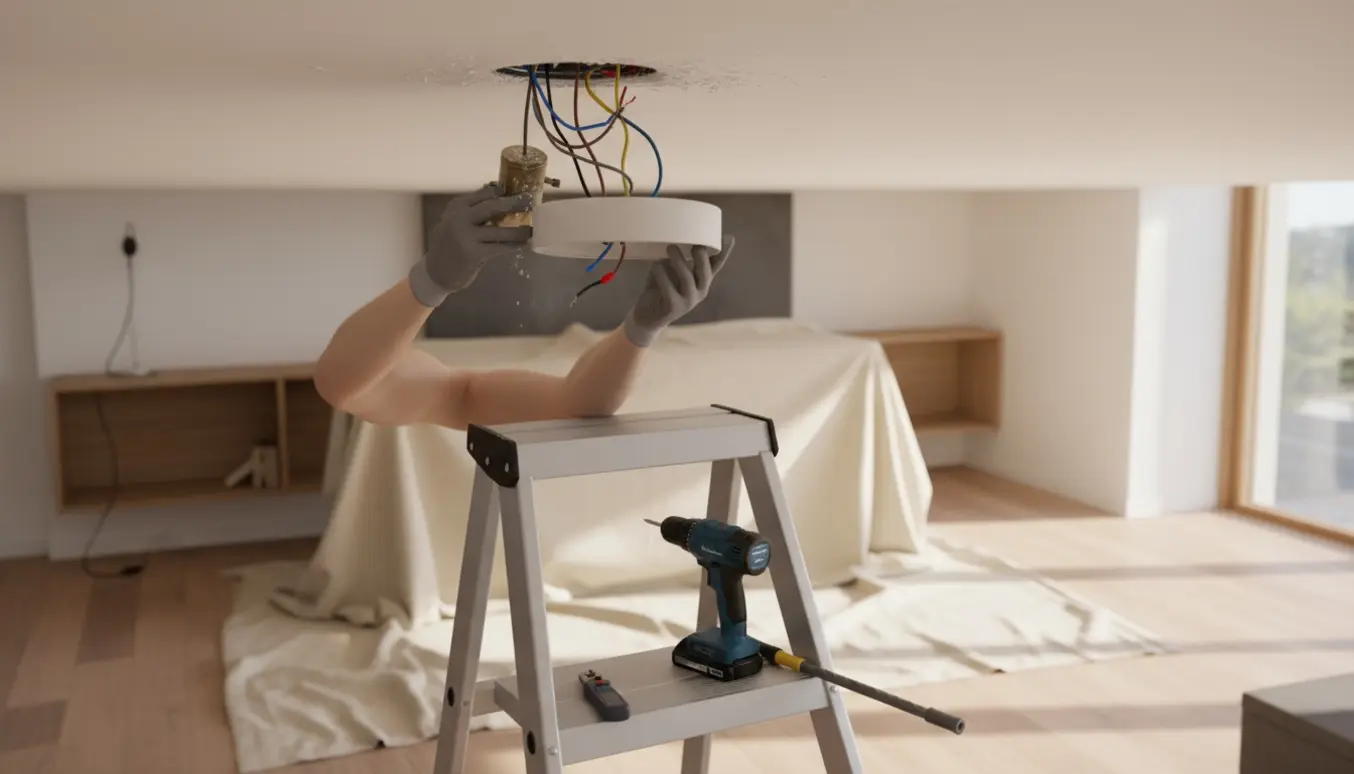 Hænder på en stige fjerner en gammel loftlampe og tilslutter en ny IKEA-lampe til kabeldåsen.