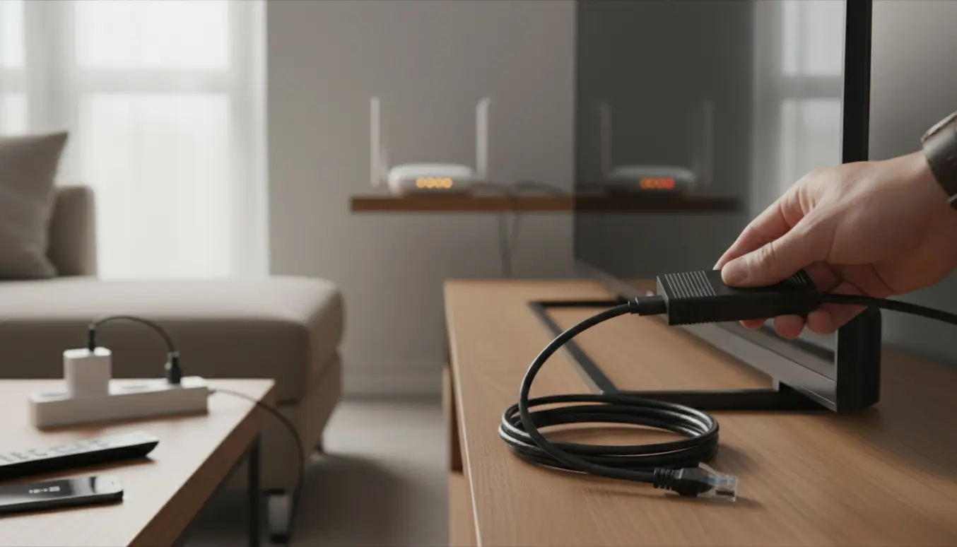 Hænder forbinder en streamer til et TV med HDMI-kabel, mens et uplugget Ethernet-kabel og en router ses i baggrunden.