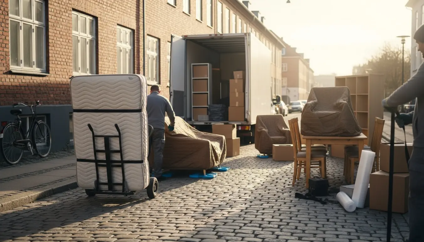 Flyttevogn foran en dansk lejlighed med sofa, spisebord, seks stole, lænestol, tv-bord, reol, to kommoder og madras klar til indlæsning.