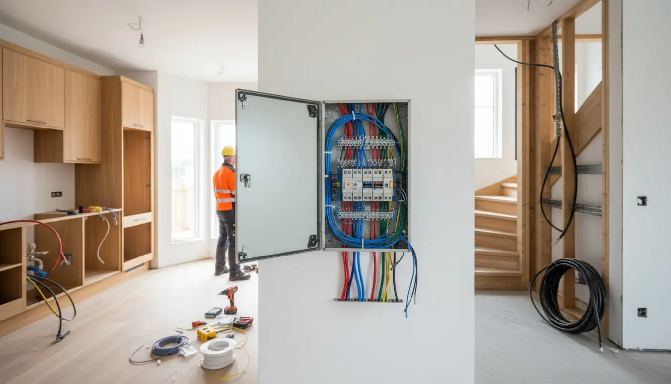 Elektriker installerer ny eltavle og trækker elkabler i et treetagers hus med synlige kabler, værktøj og et afkoblet sauna-kabel.