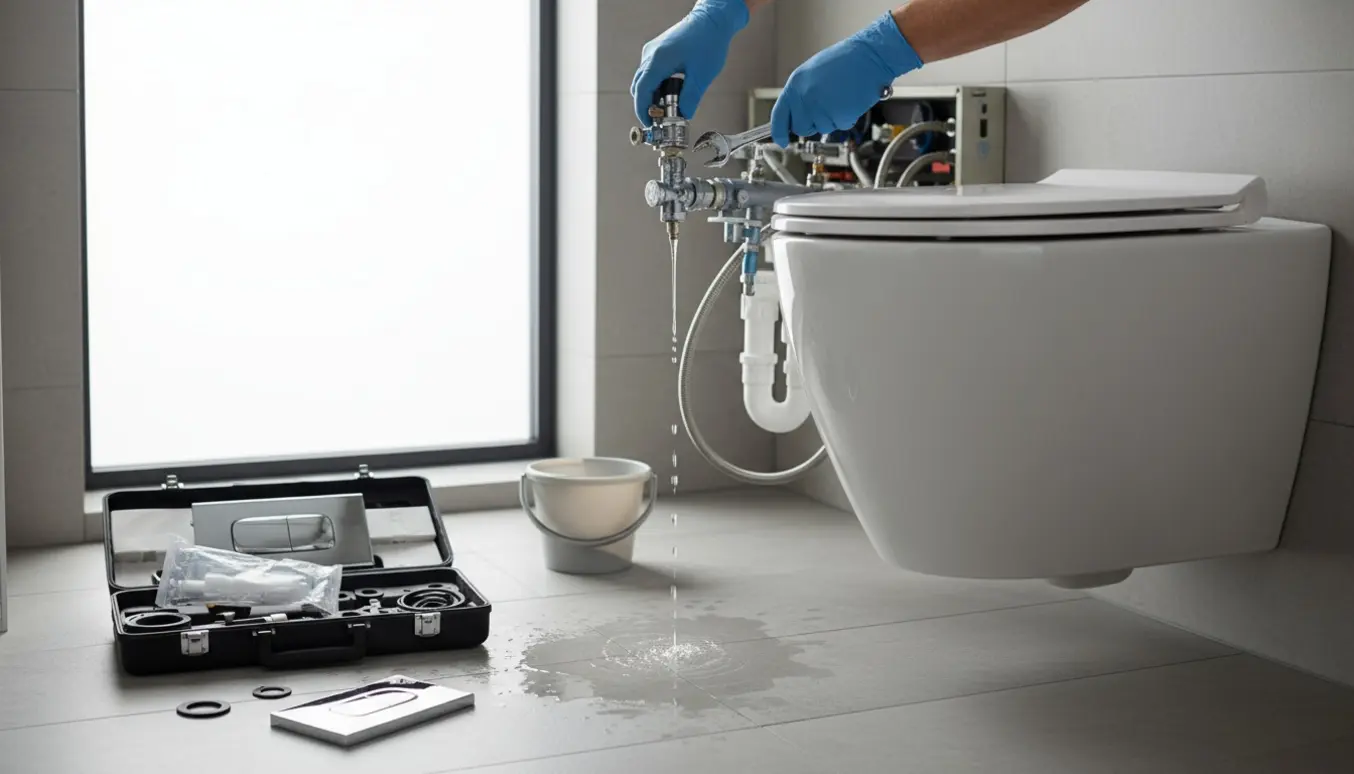 Væghængt toilet med åben indbygningscisterne, hvor en hånd arbejder på en defekt svømmeventil og manglende trykplade.