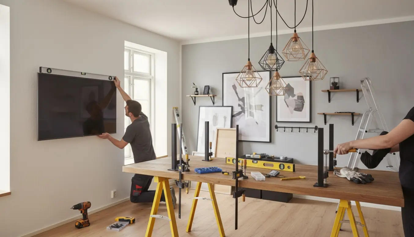 Hænder monterer stort TV og seks pendler over en bordplade i en nyindflyttet stue med hylder og knagerække.