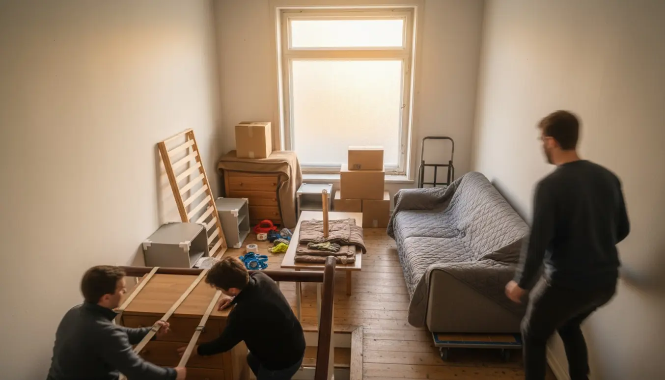 Flyttefolk løfter kommoder, en højseng og en stor hjørnesofa op ad en trappe til tredje sal, omgivet af flyttekasser.