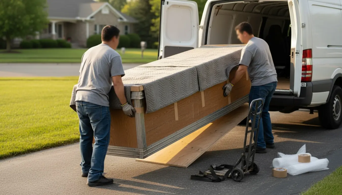 En lang brugt købmandsdisk pakkes med flyttetæpper og løftes ind i en varevogn af to personer med ansigter vendt væk.