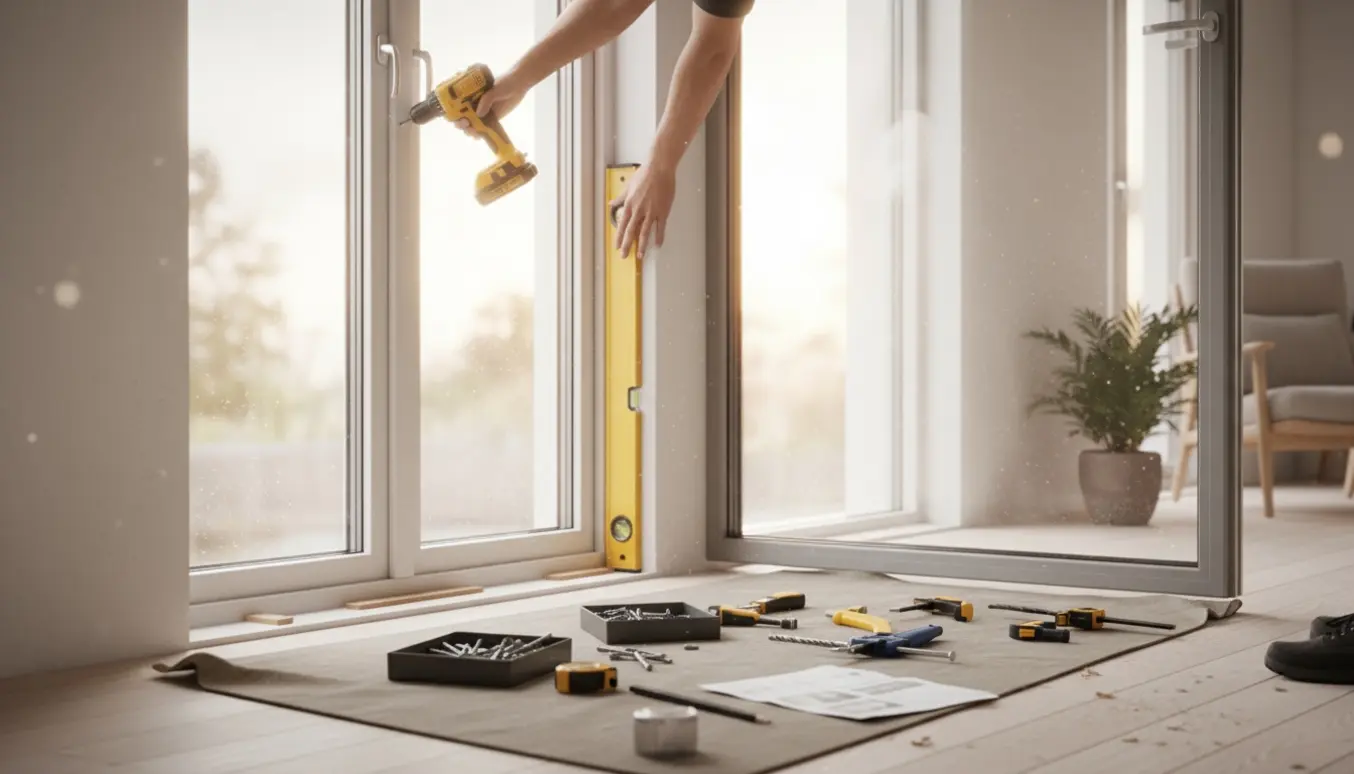 Indendørs montering af nyt vindue og glasdør med håndværkeres hænder og værktøj i et lyst rum.