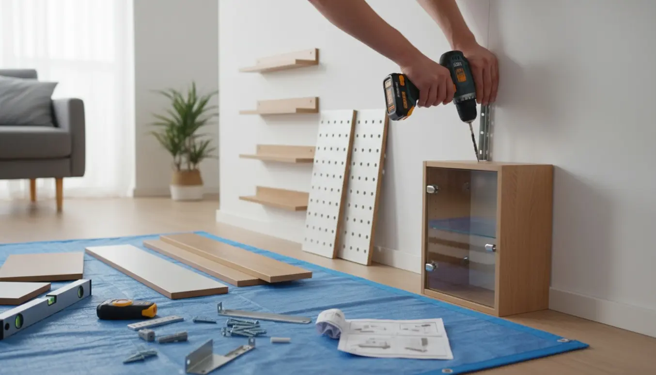 Udpakkede hylder og vitrineskab med værktøj klar til montering på væg i et lyst rum.