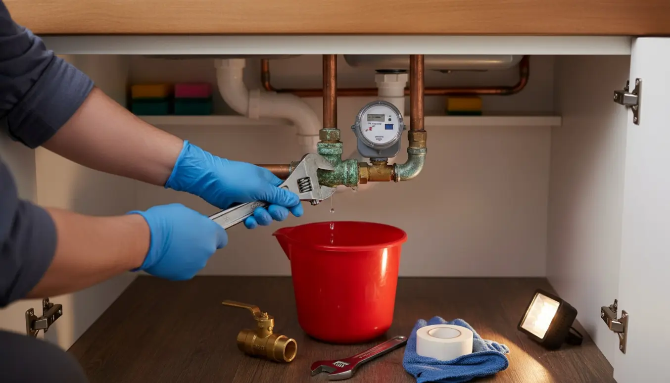 Under vasken ses handskerede hænder, en utæt stopventil før vandmåleren og værktøj klar til udskiftning.