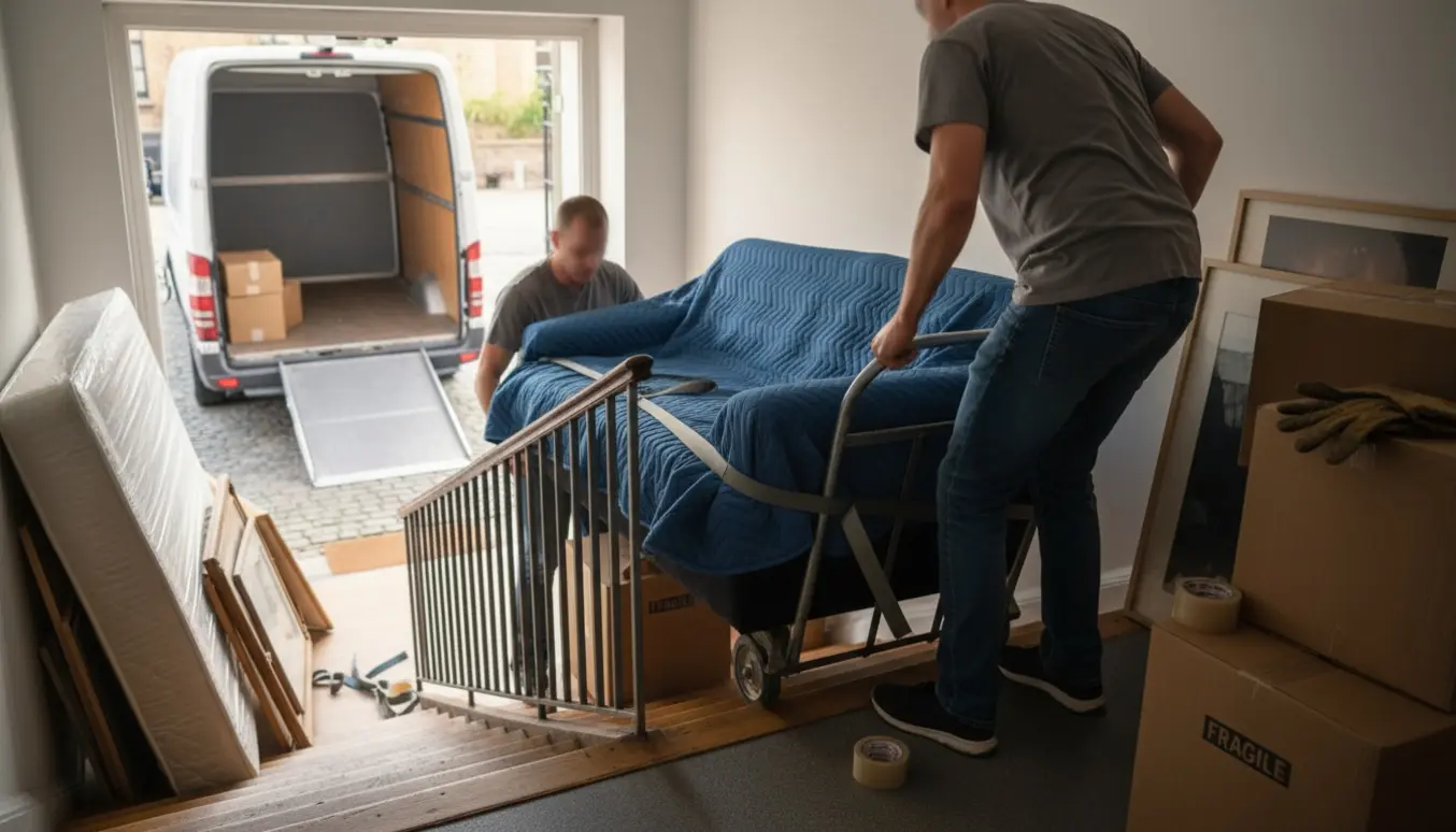 Flyttekasser og indpakket møblement bæres ned fra 2. sal og læsses i en varevogn.