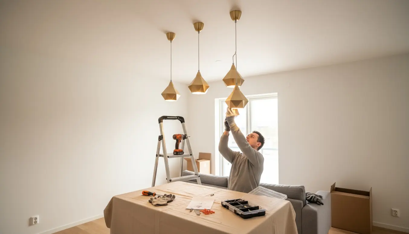 Person monterer en lampe med loftkrog i en ny lejlighed, mens tre andre lamper allerede er sat op.
