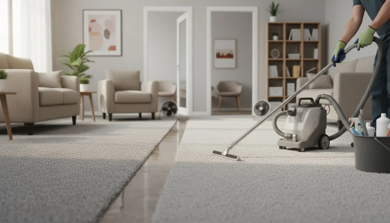 En professionel tæpperenser renser væg-til-væg-tæppe i et lyst psykologkontor, uden synligt ansigt.