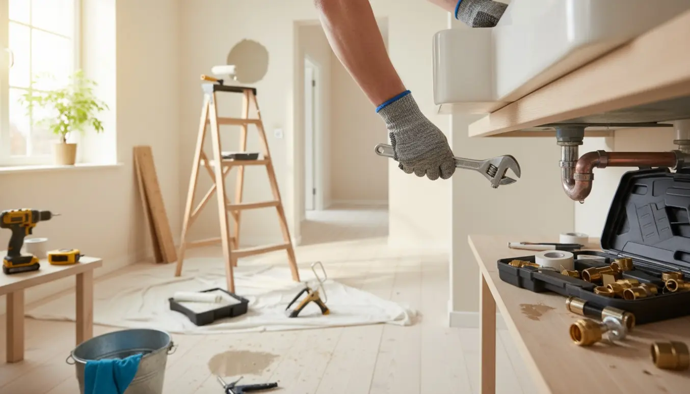 En håndværker arbejder under en køkkenvask i en lys skandinavisk lejlighed med værktøj og malerudstyr i baggrunden.